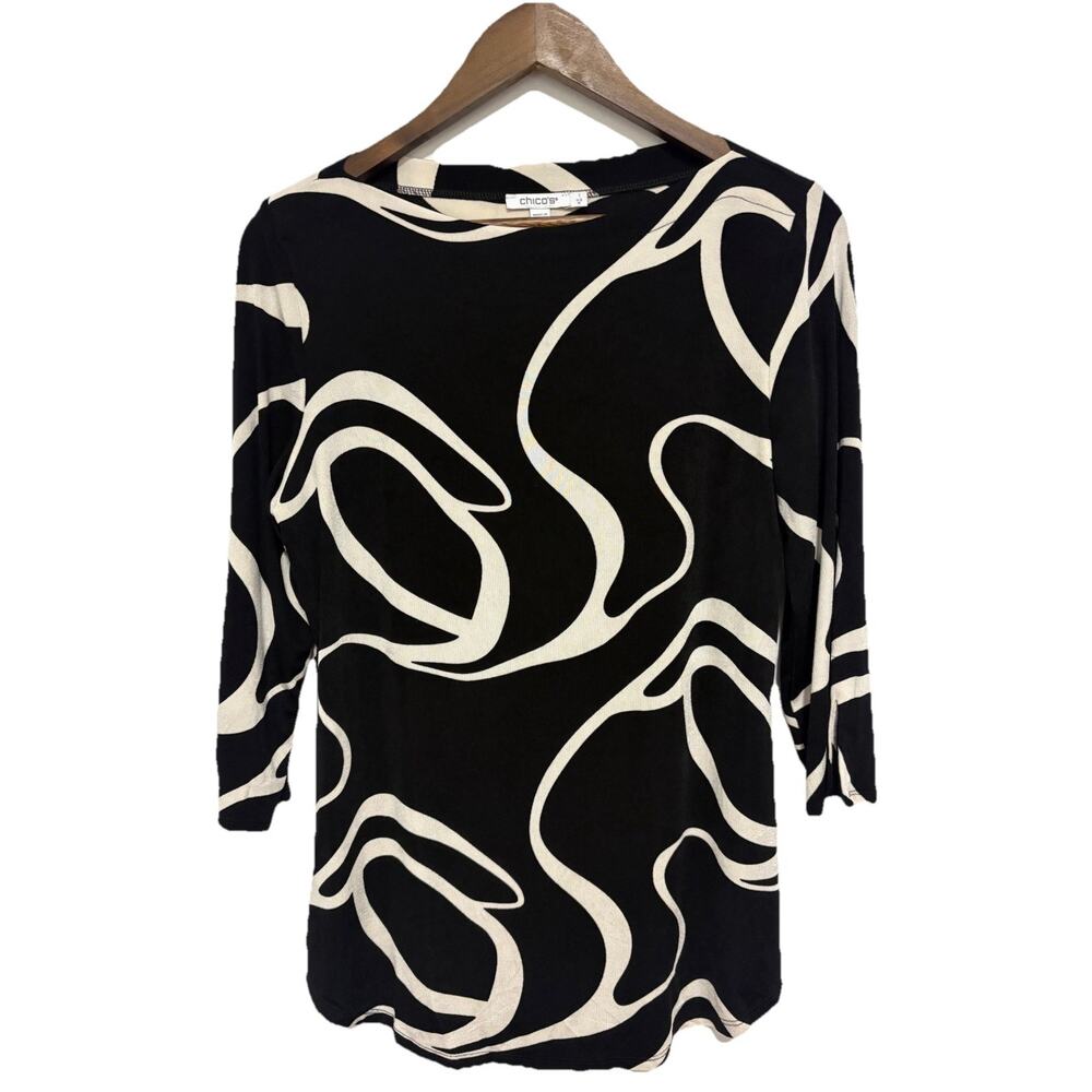 Chico’s Size 1 US Medium Black White Abstract Print Top 3/4 Sleeve Stretch Knit